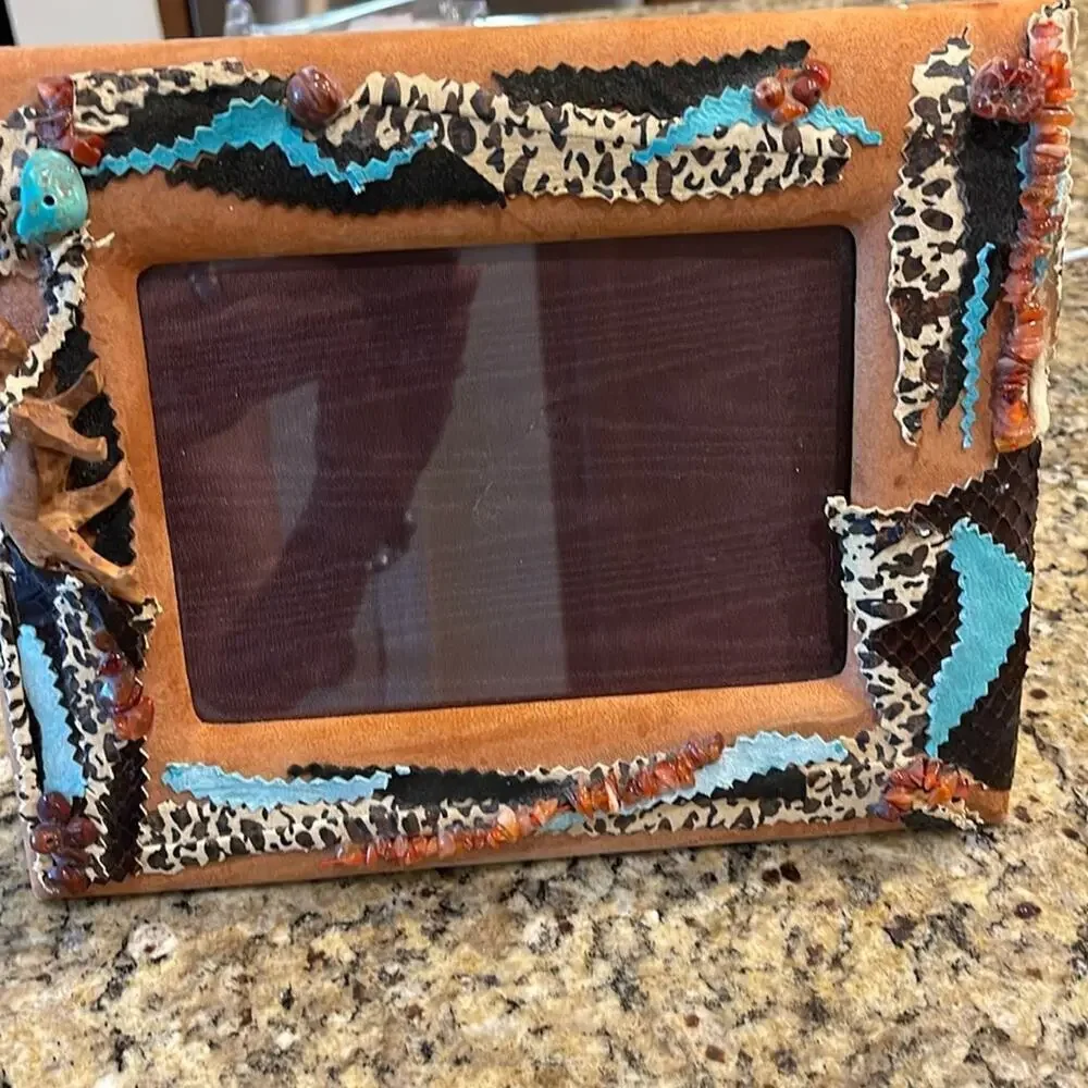 Picture frame- one of a kind hand made suede glass wood beads- carving cat